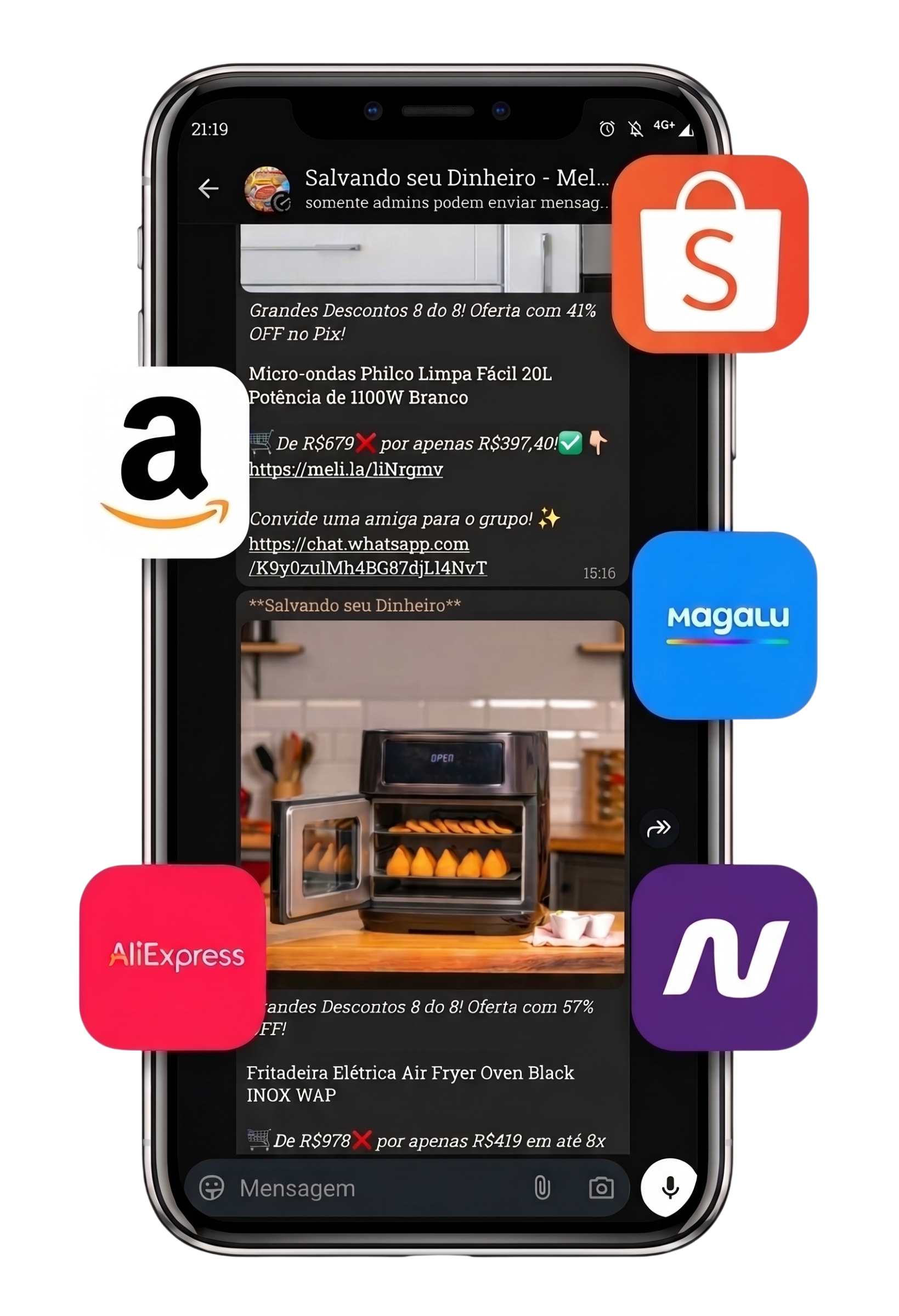 Celular mostrando o grupo do PromoClube no WhatsApp com ofertas de micro-ondas e fritadeira elétrica, cercado pelos logos de Amazon, Shopee, Magalu, AliExpress e Nuvemshop